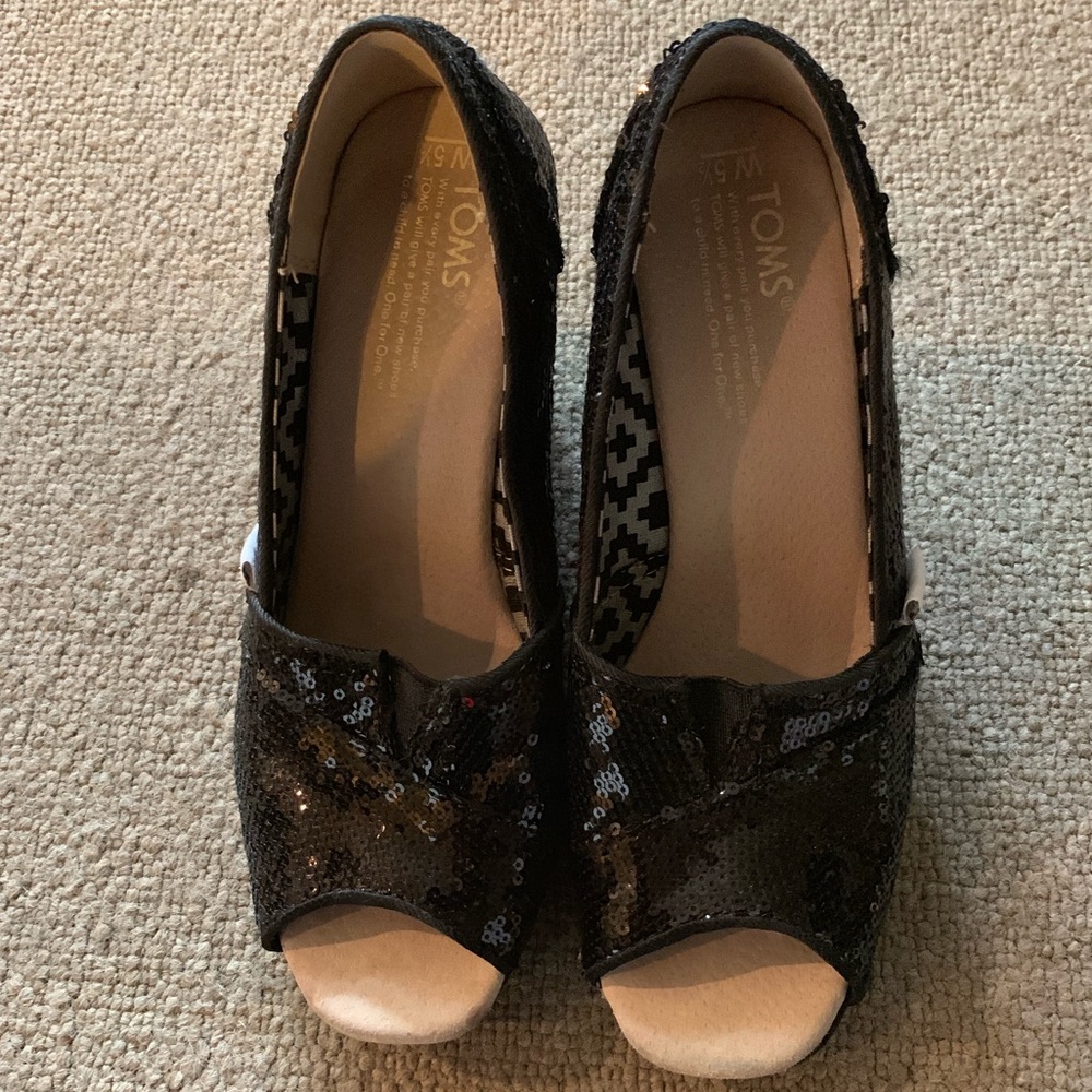 TOMS Black Sequin Wedge Heels